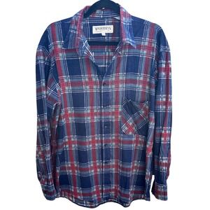 Vintage Wilderness Mens L Blue Red Plaid Flannel Button Down Shirt Ramie Cotton